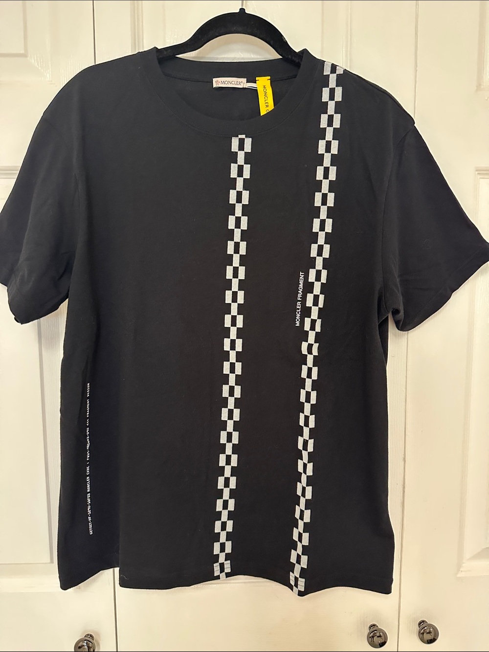 NWT Moncler Men Black Short-Sleeve Tee with Vertical Checker Stripes